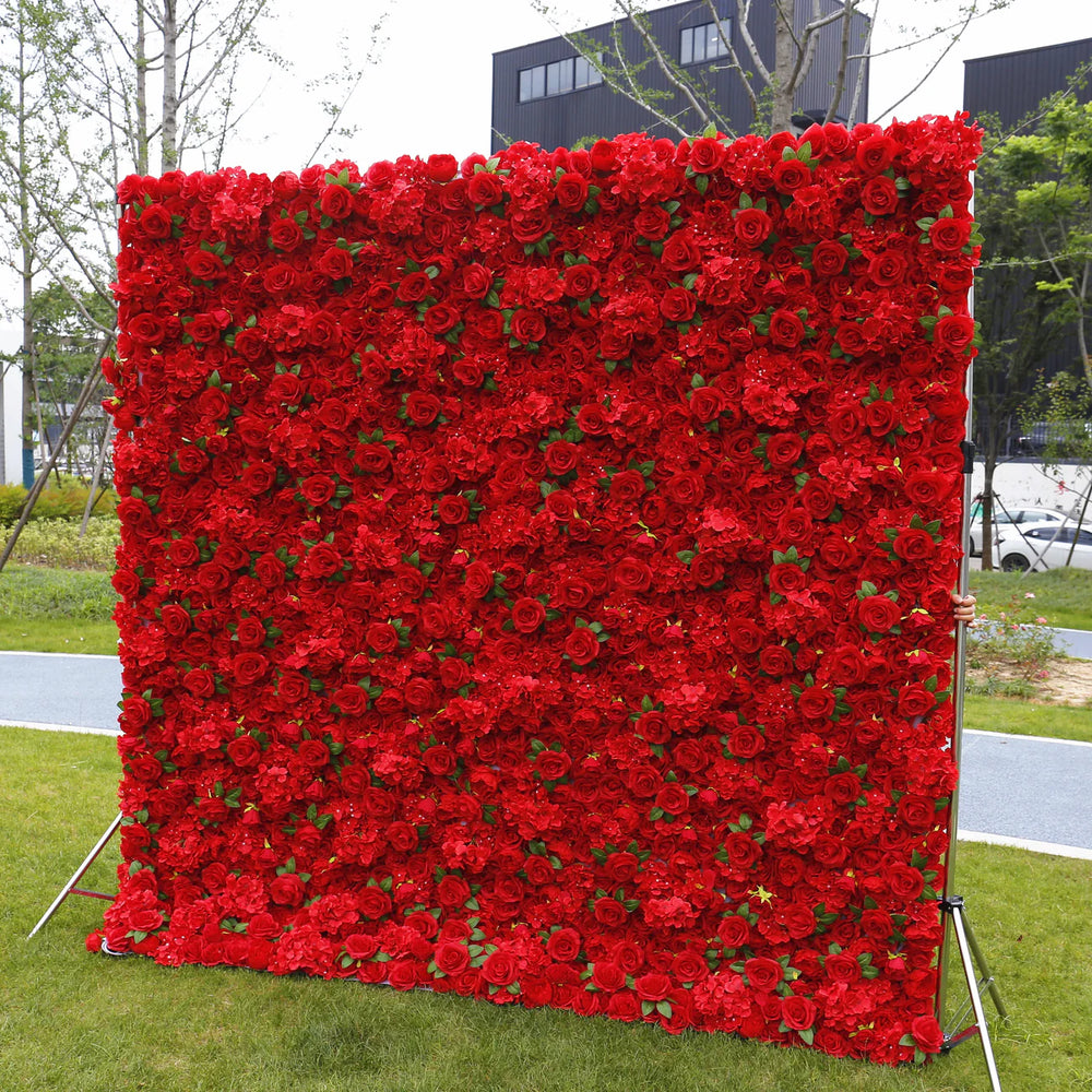 3D Artificial Fabric Red Rose & Hydrangea Flower Wall Backdrop for Wedding & Party Decor