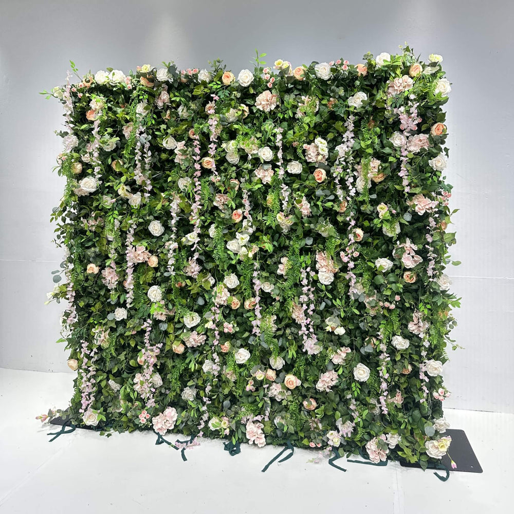 3D Pink Rose Green Leaf Rolling Up Curtain Flower Wall for Wedding & Party Decoration