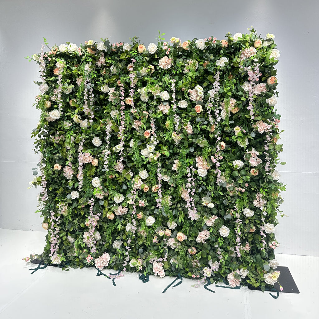 3D Pink Rose Green Leaf Rolling Up Curtain Flower Wall for Wedding & Party Decoration