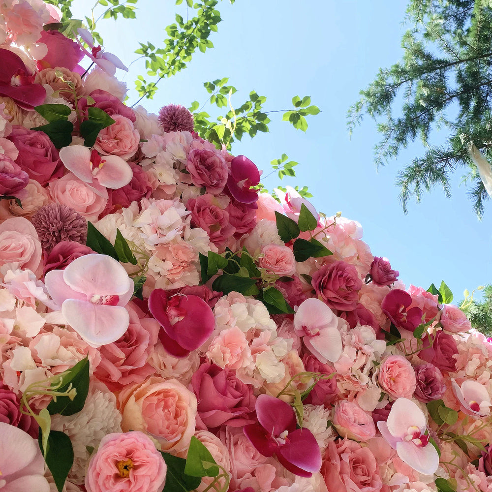 3D Pink Silk Rose & Orchid Artificial Flower Wall Backdrop for Event Party Decor