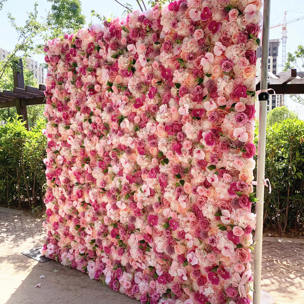 3D Pink Silk Rose & Orchid Artificial Flower Wall Backdrop for Event Party Decor
