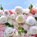 3D Pink & White Rose Roll Up Flower Wall Curtain Backdrop for Event Party Decor