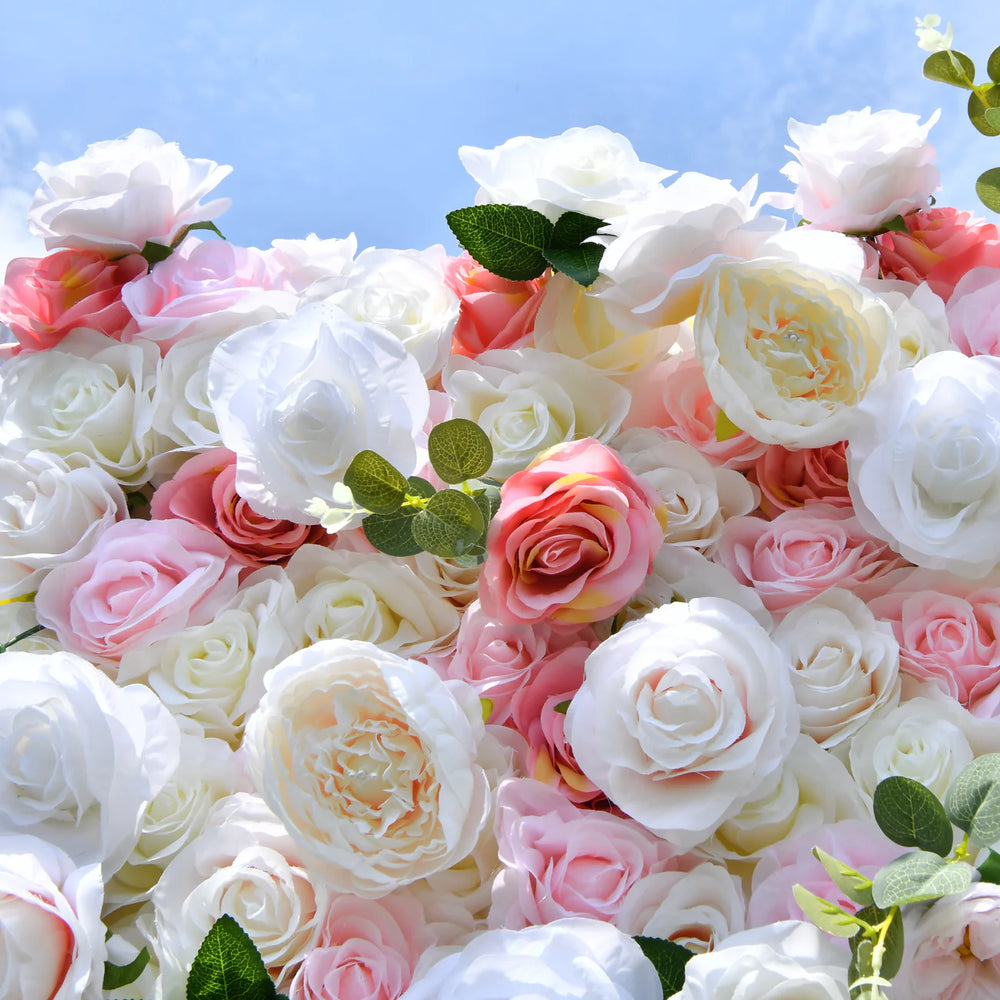 3D Pink & White Rose Roll Up Flower Wall Curtain Backdrop for Event Party Decor