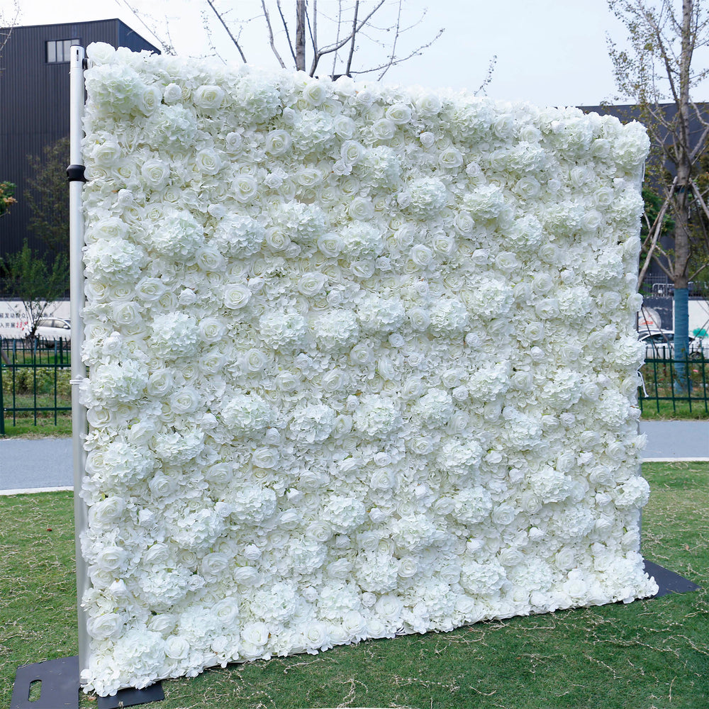 3D White Hydrangea & Rose Artificial Flower Wall Roll-Up Backdrop for Wedding Decor