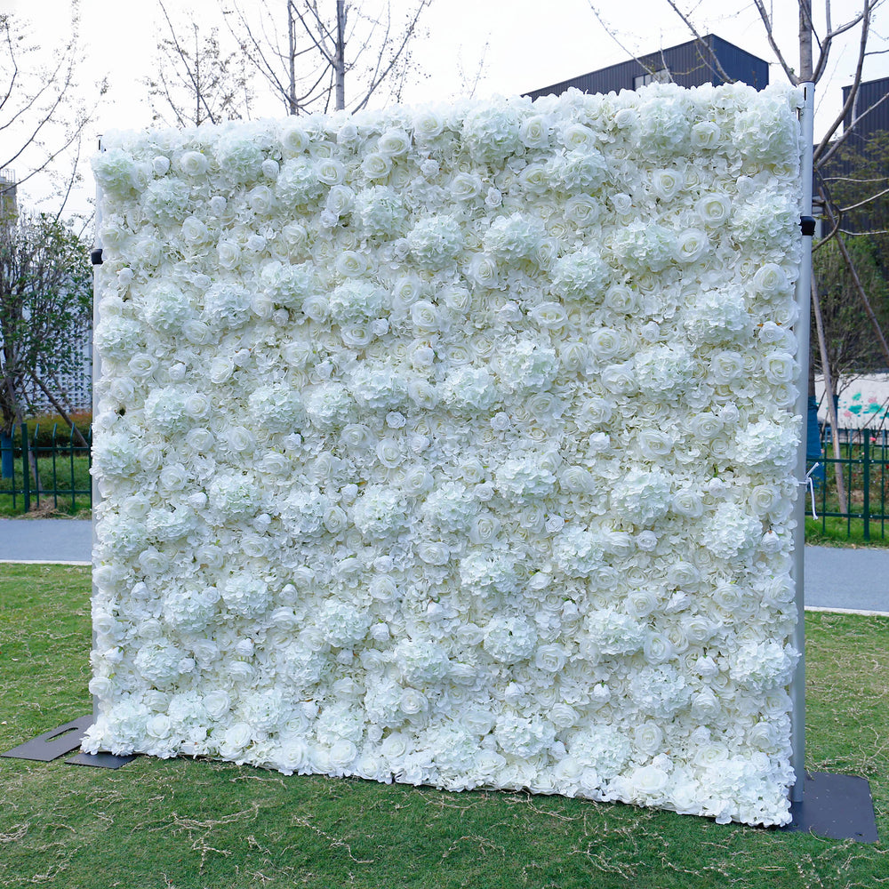 Atlasflowerswall 3D White Hydrangea & Rose Artificial Flower Wall Roll-Up Backdrop for Wedding Decor