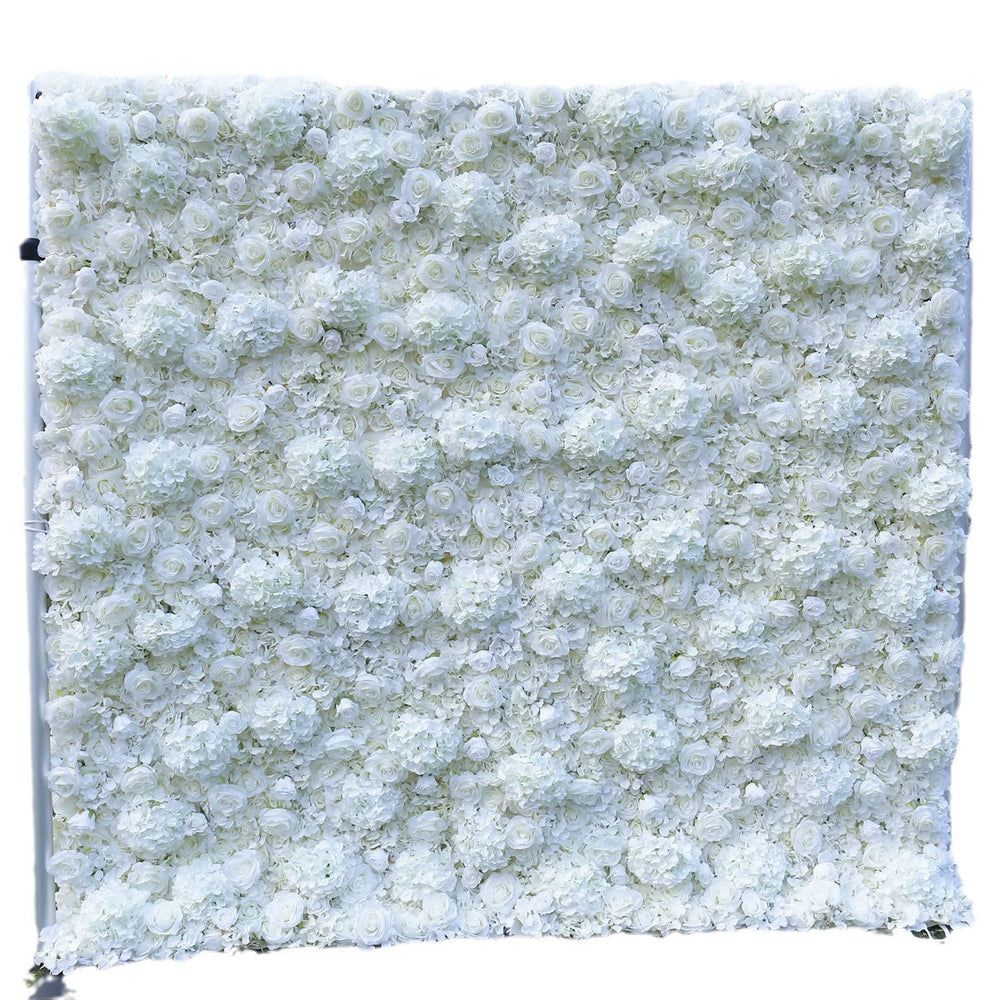 Atlasflowerswall 3D White Hydrangea & Rose Artificial Flower Wall Roll-Up Backdrop for Wedding Decor