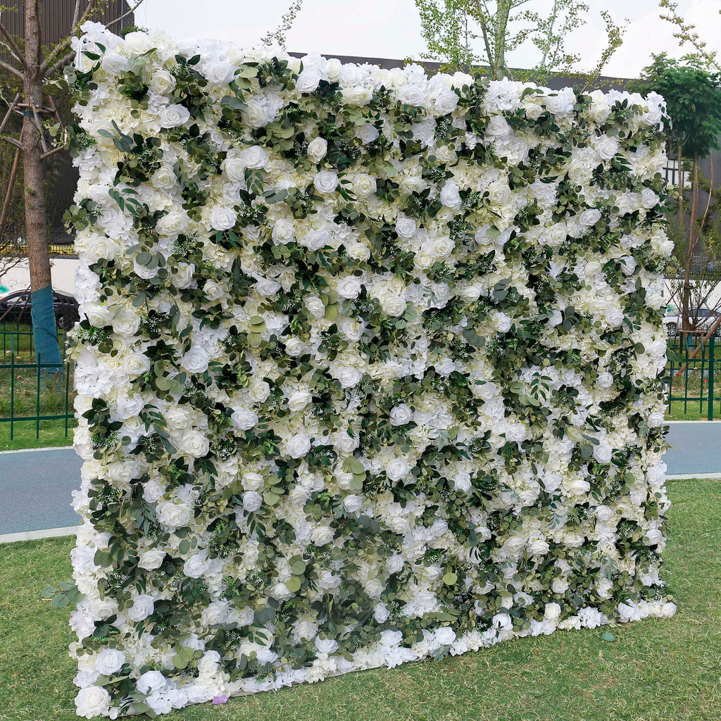 3D White Rose Greenery Fabric Flower Wall Backdrop for Event & Party Decor