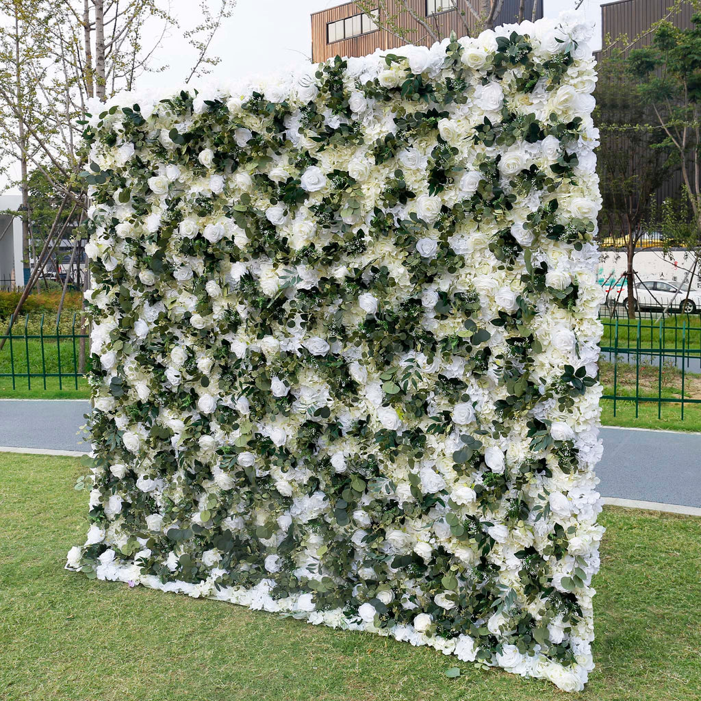3D White Rose Greenery Fabric Flower Wall Backdrop for Event & Party Decor