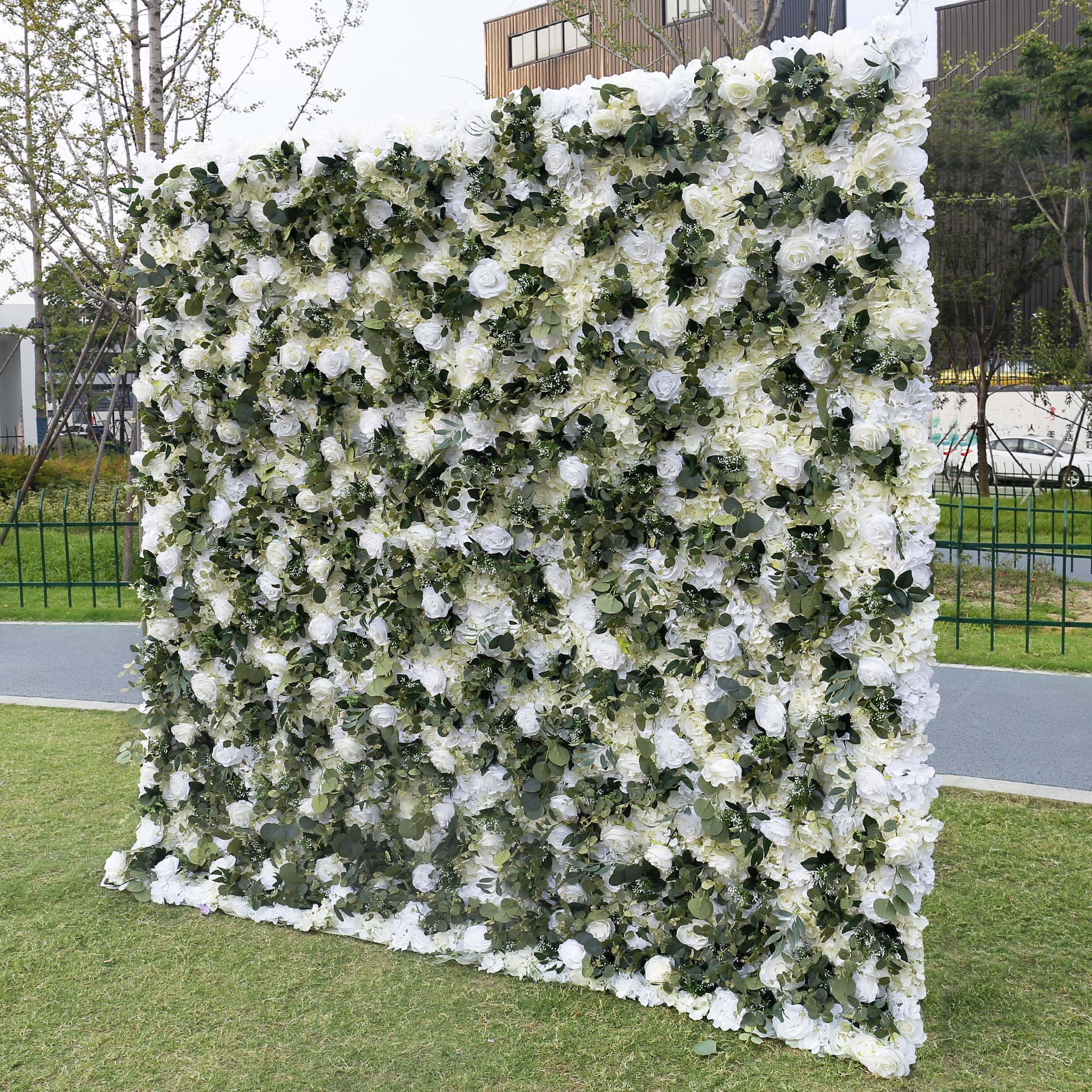 3D White Rose Greenery Fabric Flower Wall Backdrop for Event & Party Decor