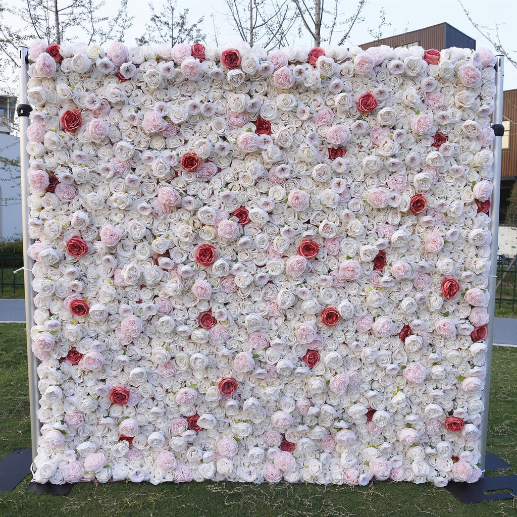 3D White Rose with Blush Pink Artificial Flower Wall Backdrop for Wedding & Event Decor