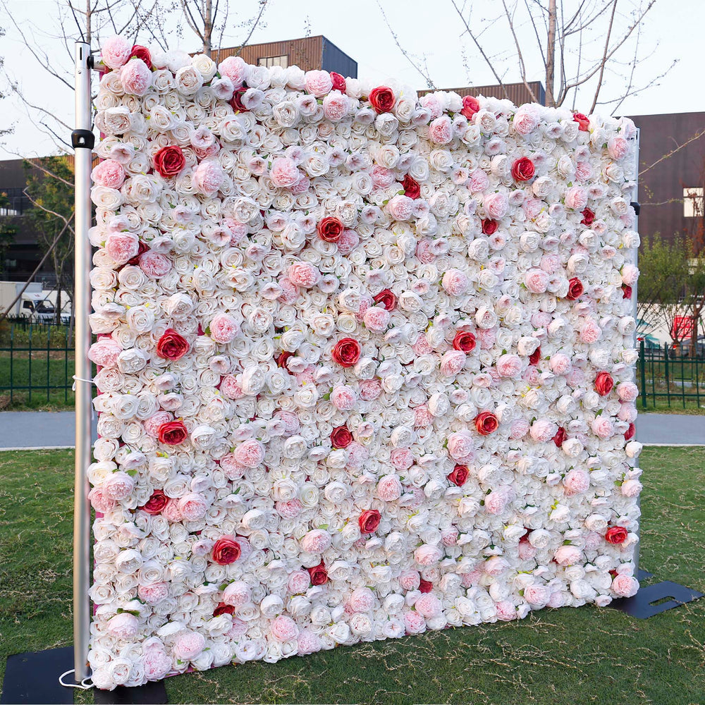 3D White Rose with Blush Pink Artificial Flower Wall Backdrop for Wedding & Event Decor