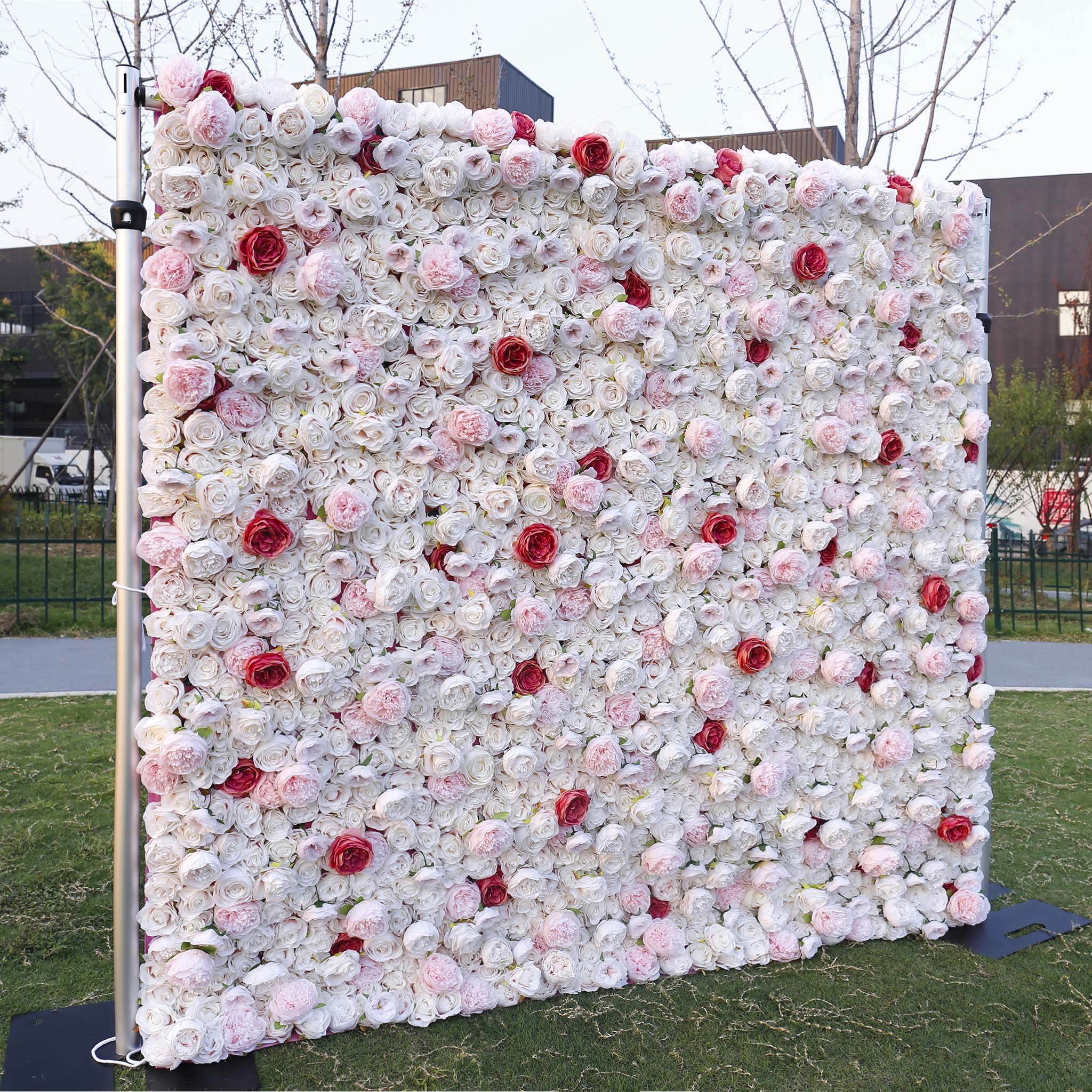 3D White Rose with Blush Pink Artificial Flower Wall Backdrop for Wedding & Event Decor