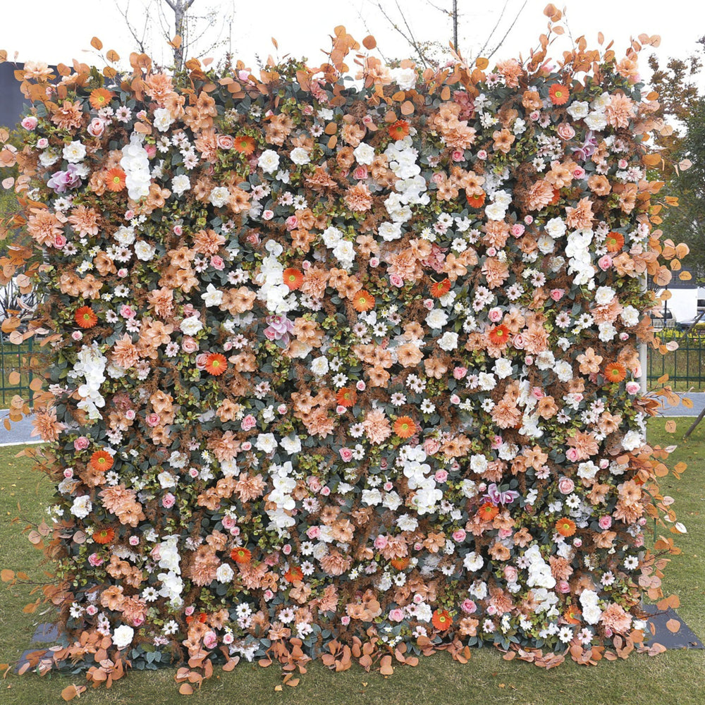 5D Autumn Orange Floral Artificial Flower Wall Backdrop for Wedding & Event Decor