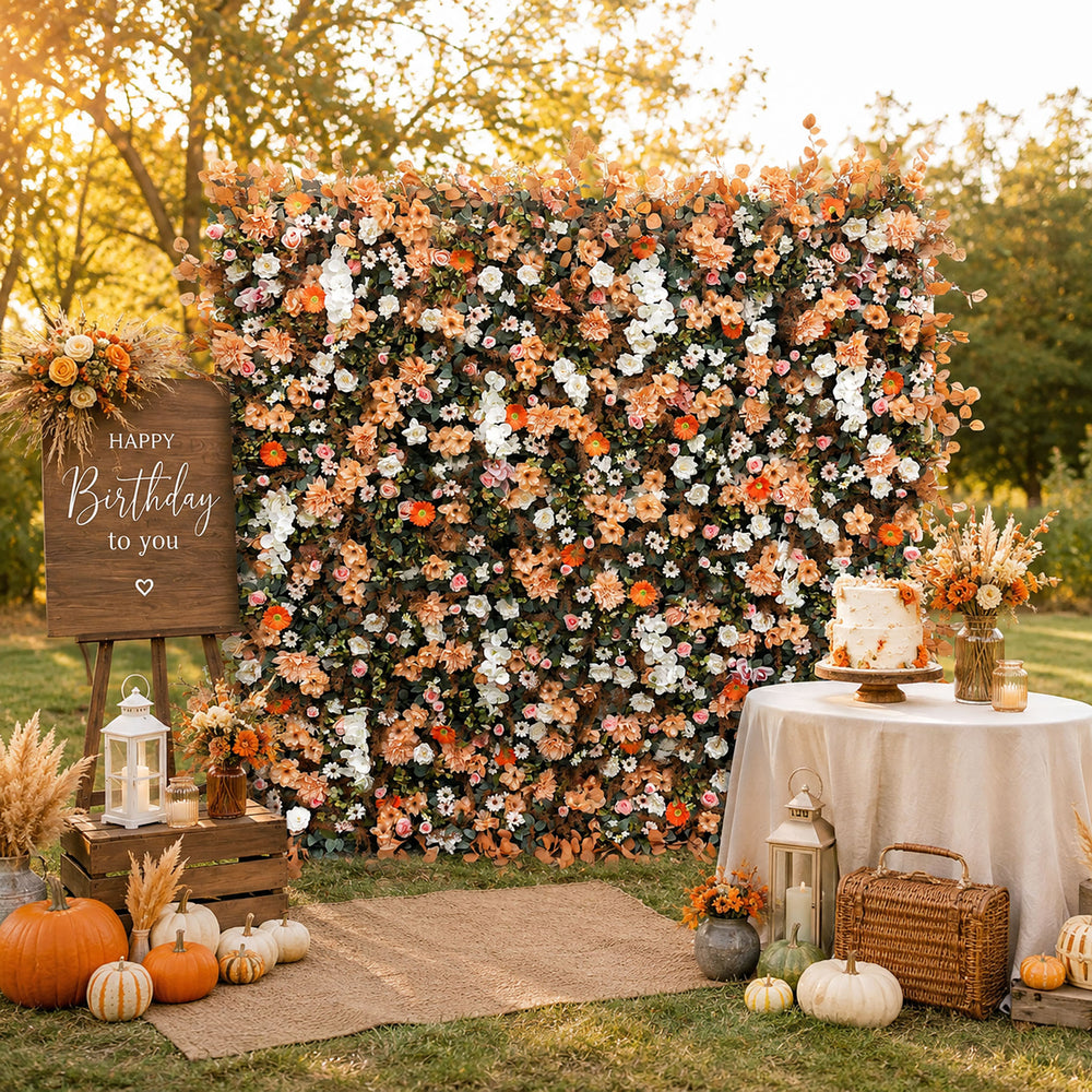 5D Autumn Orange Floral Artificial Flower Wall Backdrop for Wedding & Event Decor