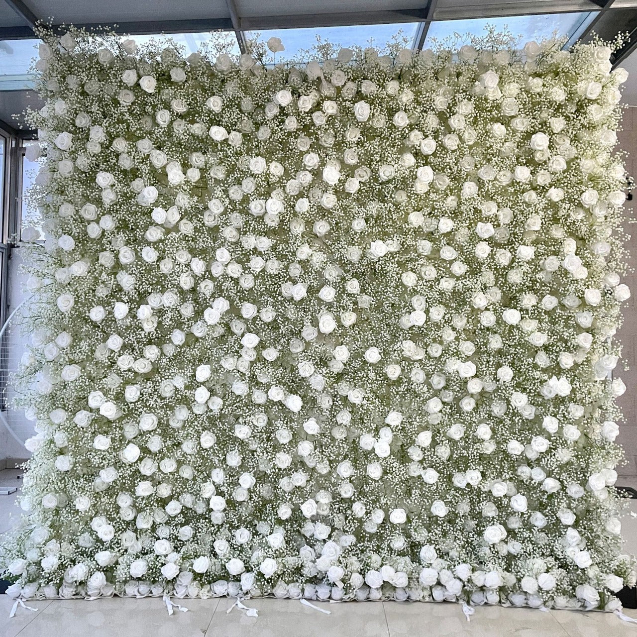 Baby's Breath and White Rose Roller Blind Flower Wall Backdrop for Wedding Party Decor
