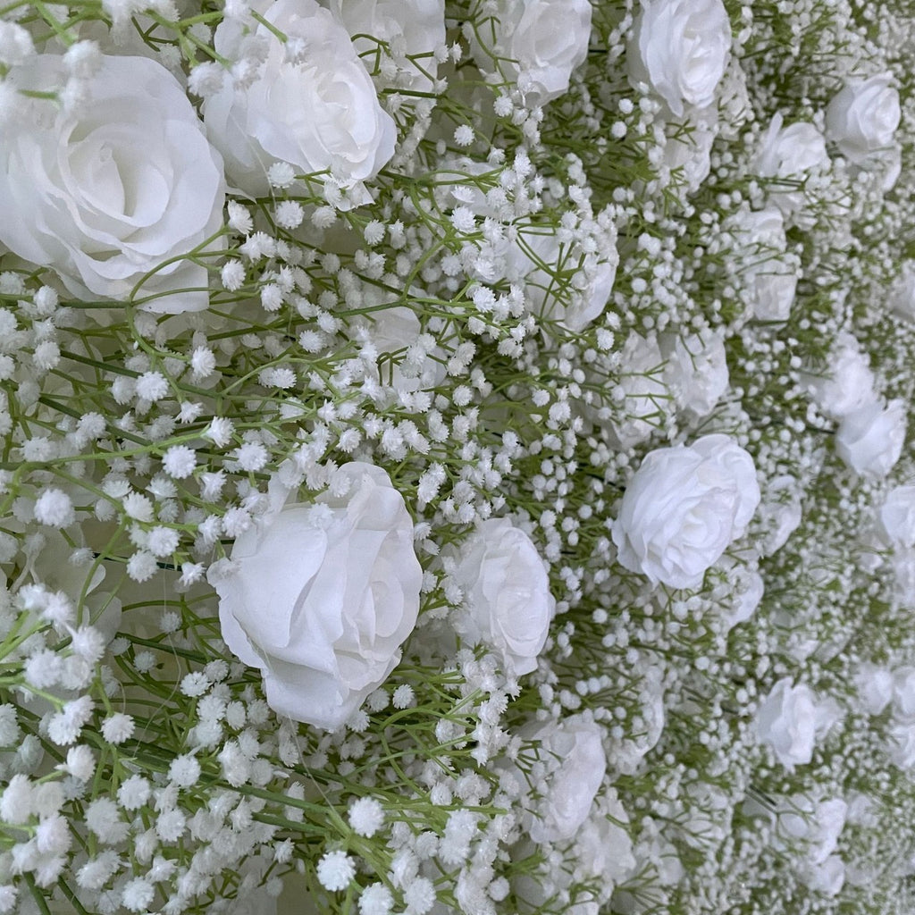 Baby's Breath and White Rose Roller Blind Flower Wall Backdrop for Wedding Party Decor
