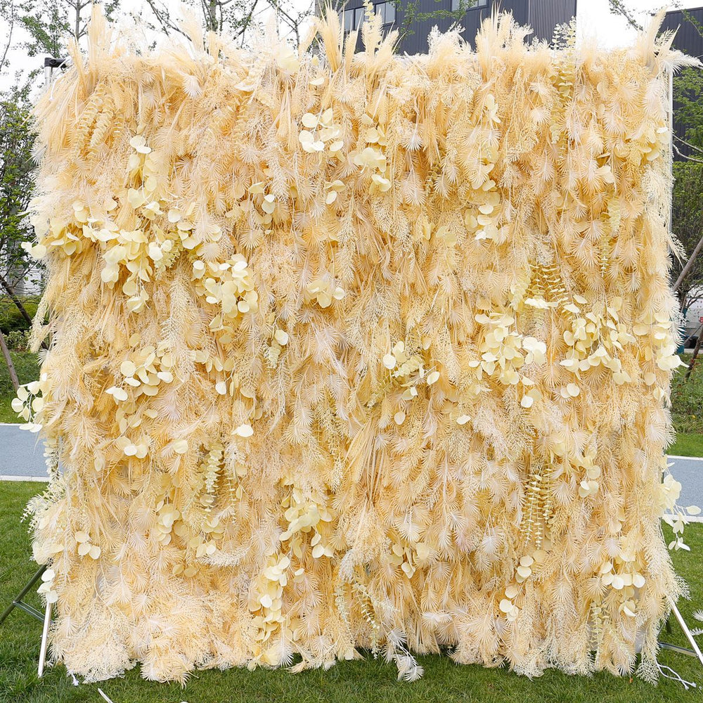 5D Beige Feather Pampas Grass Flower Wall Backdrop for Party Event Decor