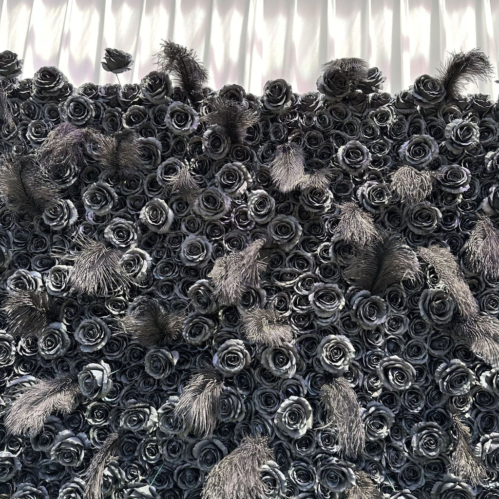 5D Black Feather Rose Artificial Flower Wall Backdrop for Event & Party Decoration