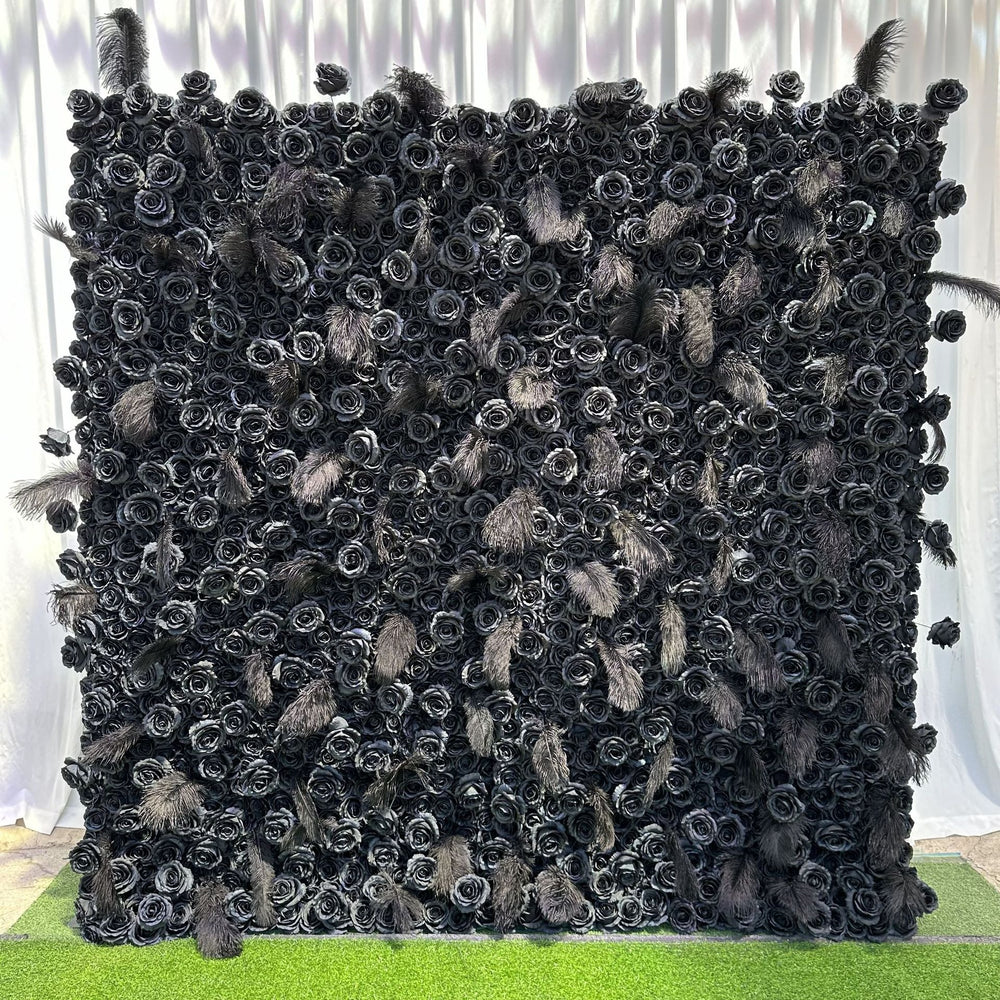5D Black Feather Rose Artificial Flower Wall Backdrop for Event & Party Decoration
