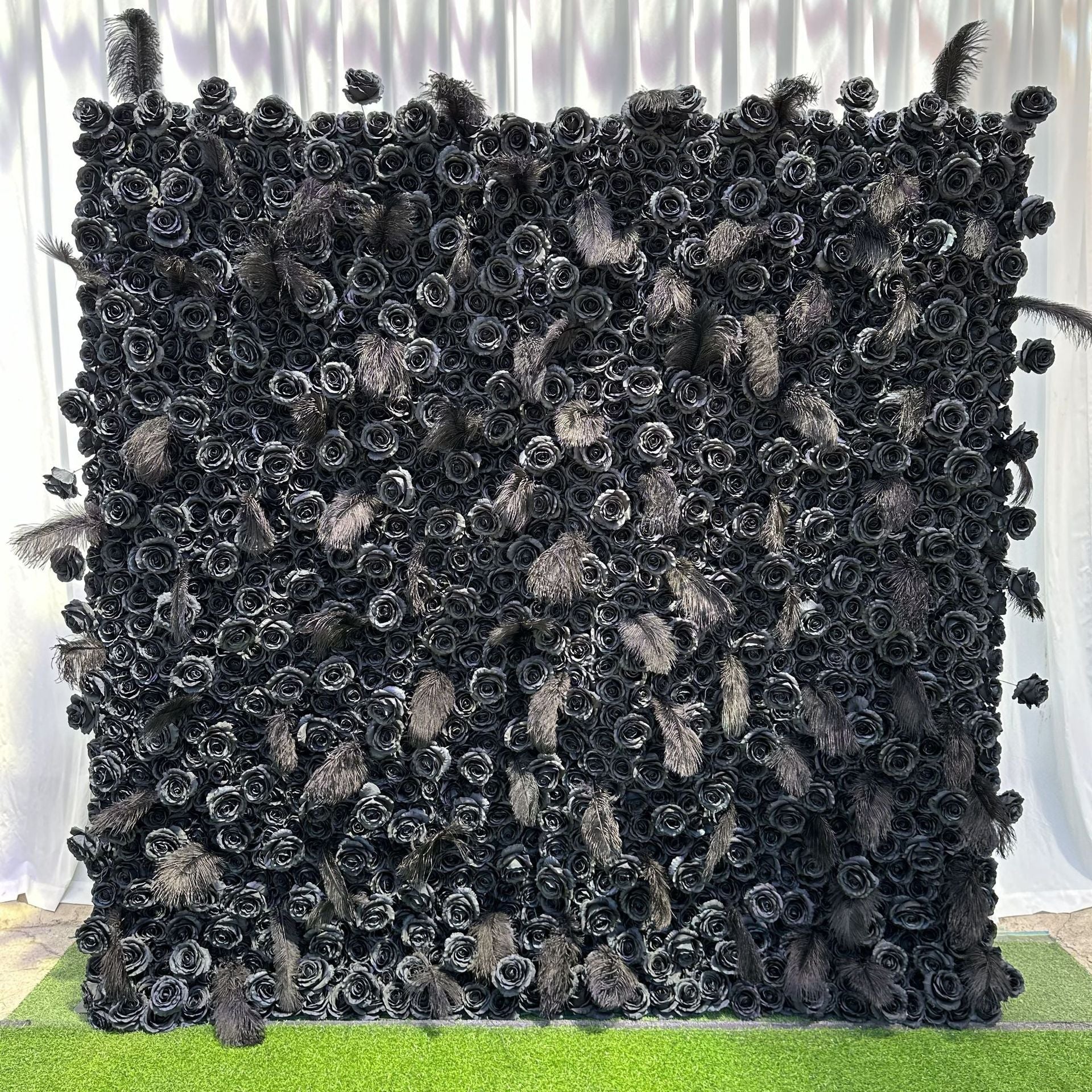 5D Black Feather Rose Artificial Flower Wall Backdrop for Event & Party Decoration