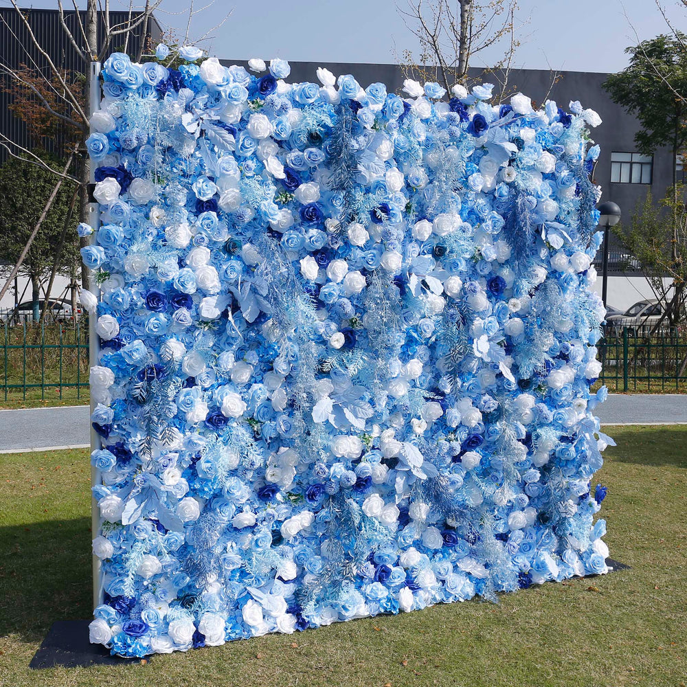 5D Blue Rose Flower Wall Backdrop with Fabric Backing for Wedding Party