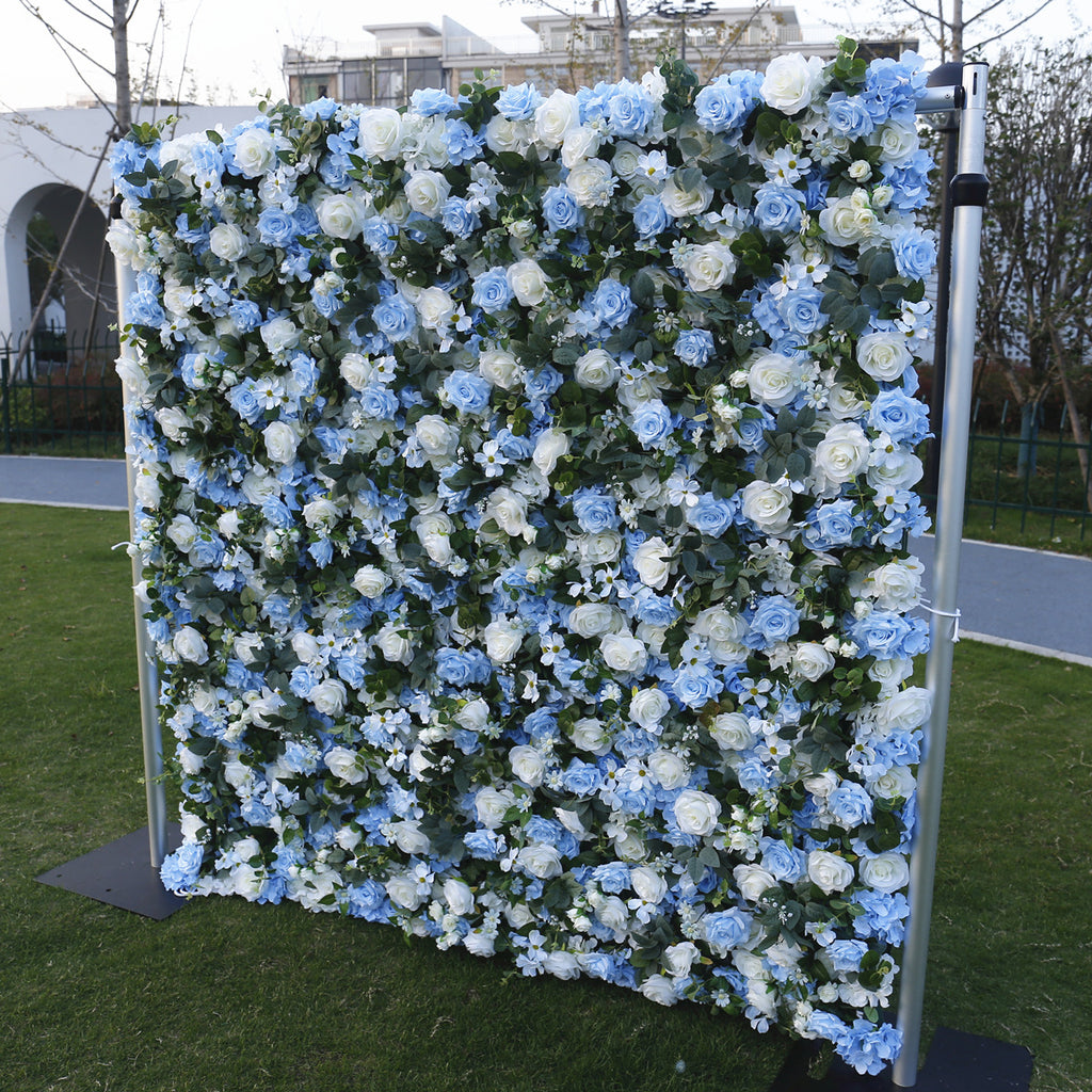5D Blue & White Rose Artificial Flower Wall Backdrop for Wedding Event Decor