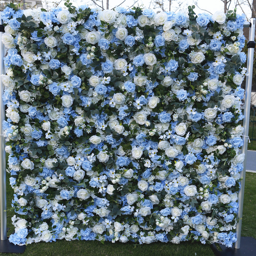 5D Blue & White Rose Artificial Flower Wall Backdrop for Wedding Event Decor