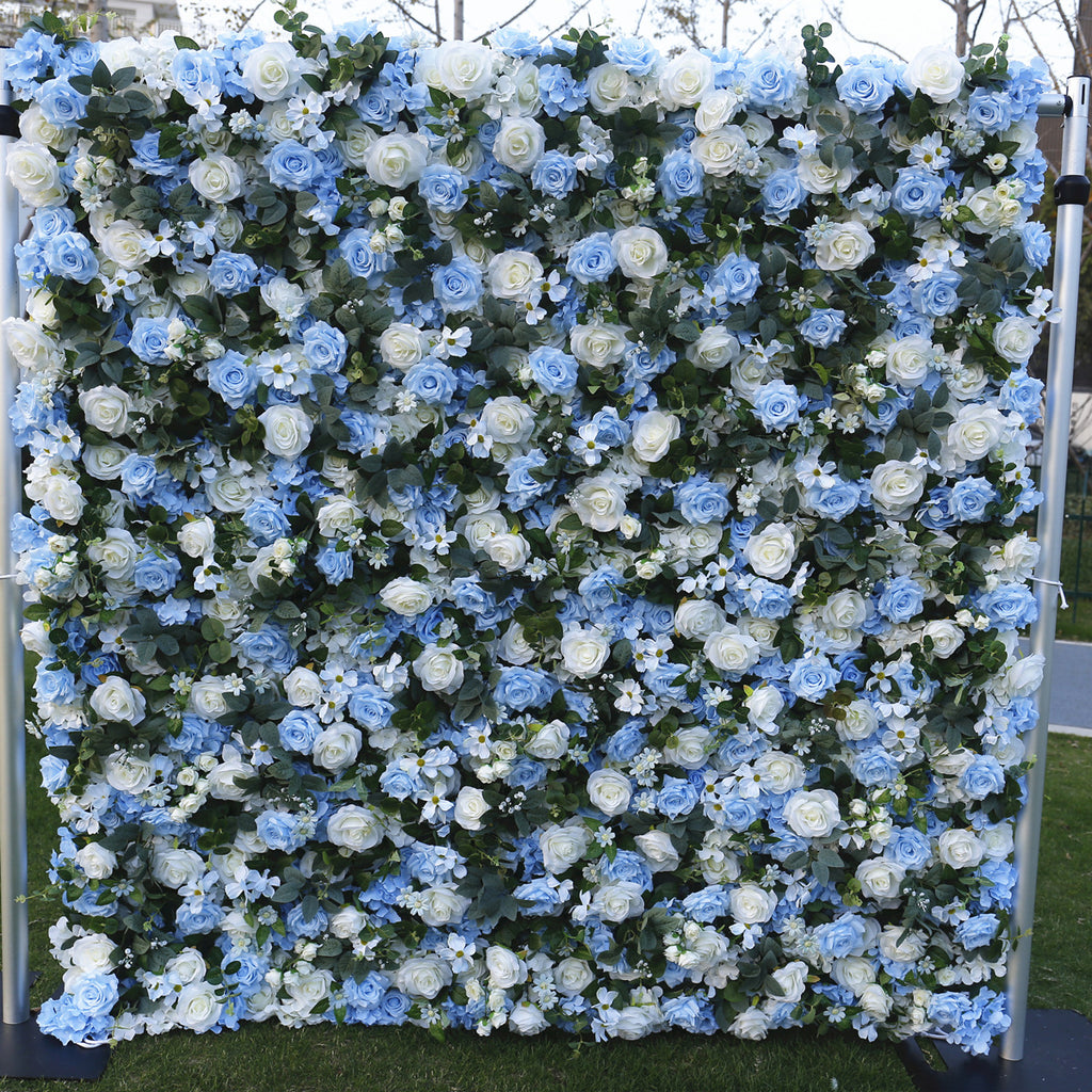 5D Blue & White Rose Artificial Flower Wall Backdrop for Wedding Event Decor