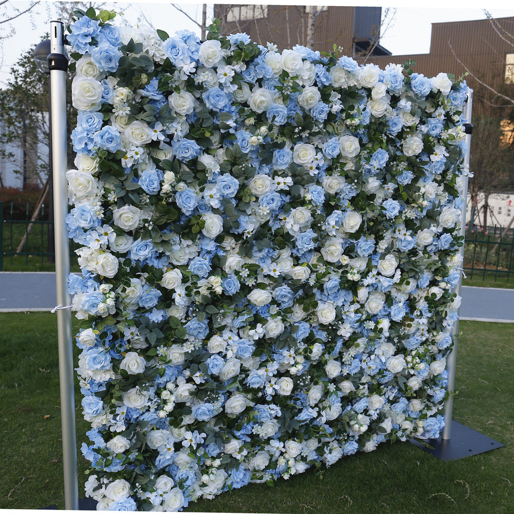 5D Blue & White Rose Artificial Flower Wall Backdrop for Wedding Event Decor