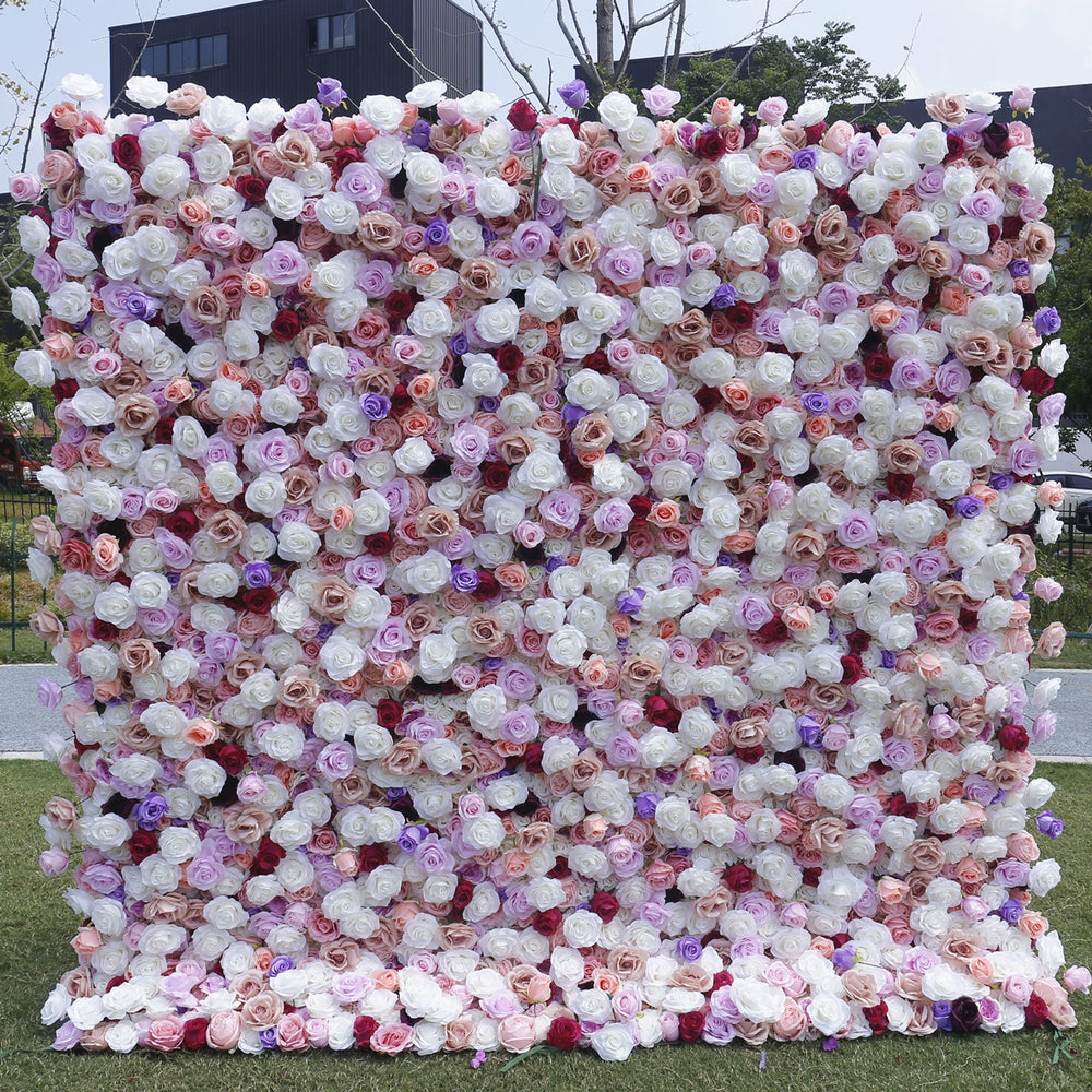 5D Blush Pink and Purple Rose Flower Wall Roll Up Fabric Floral Curtain for Wedding Events Decor