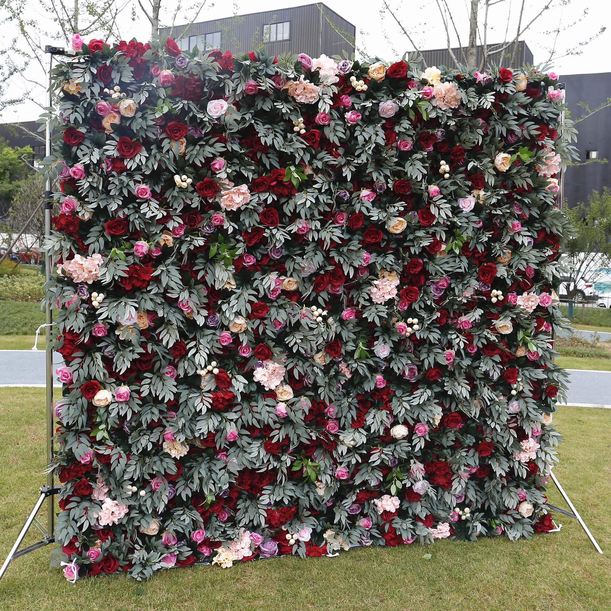 5D Burgundy Pink Rose Mixed Flower Wall Backdrop for Wedding & Event Decor