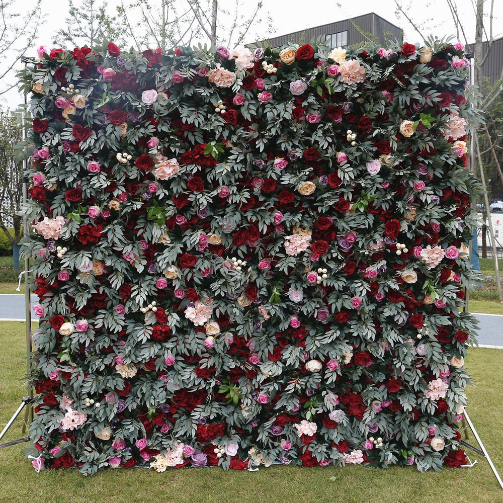 5D Burgundy Pink Rose Mixed Flower Wall Backdrop for Wedding & Event Decor