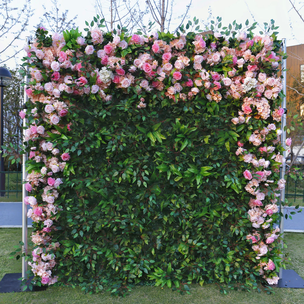 5D Forest Greenery Artificial Flower Wall with Pink Rose Frame for Wedding & Event Decor
