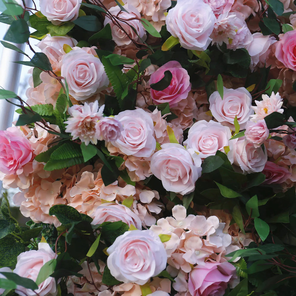 5D Forest Greenery Artificial Flower Wall with Pink Rose Frame for Wedding & Event Decor