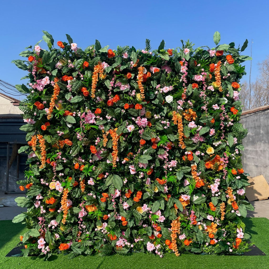 5D Orange And Green Mixed Flower Wall Backdrop for Event Party Decorations