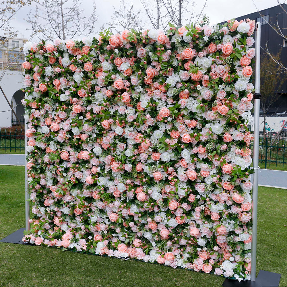 5D Peach Pink & White Rose Artificial Flower Wall Backdrop for Wedding & Event Decor