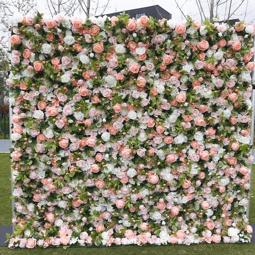 5D Peach Pink & White Rose Artificial Flower Wall Backdrop for Wedding & Event Decor