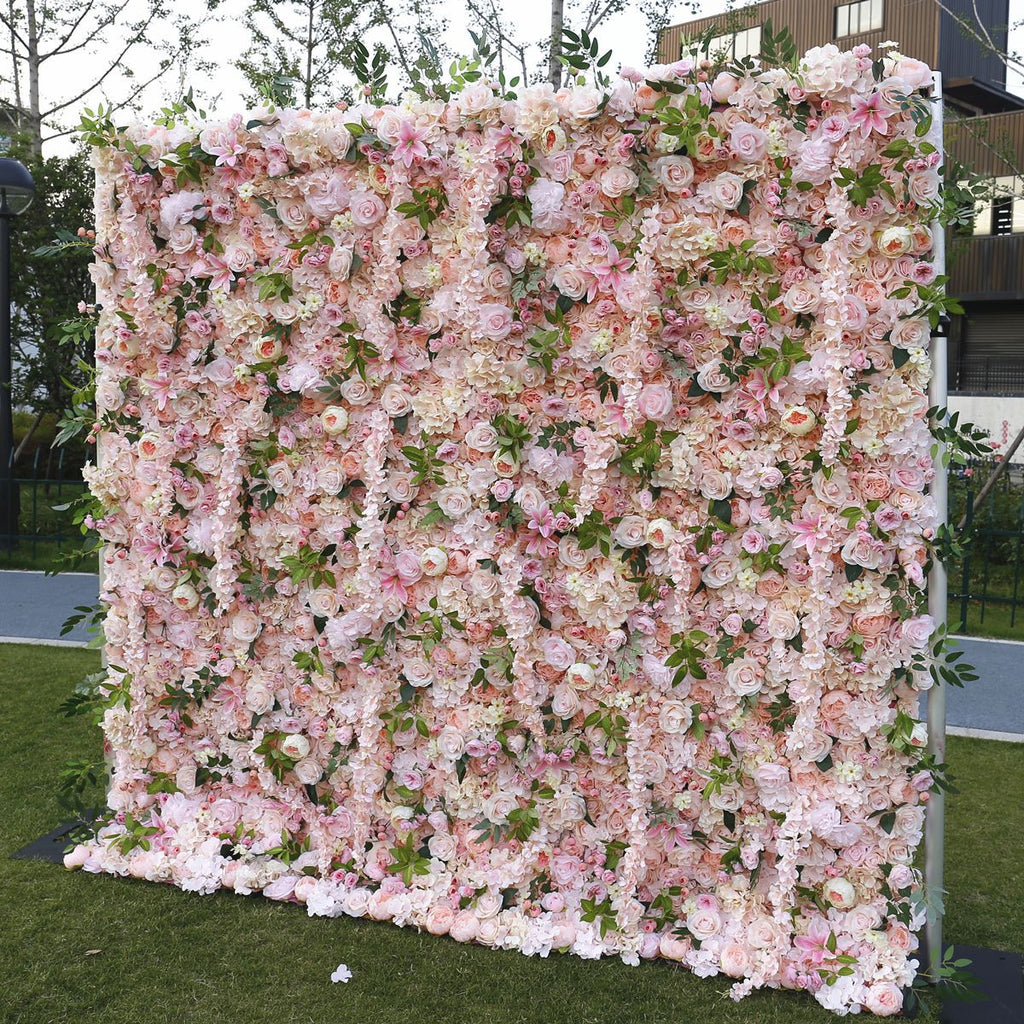 Atlasflowerswall 5D Pink Rose Fabric Roll-Up Flower Wall Backdrop for Wedding & Event Decor