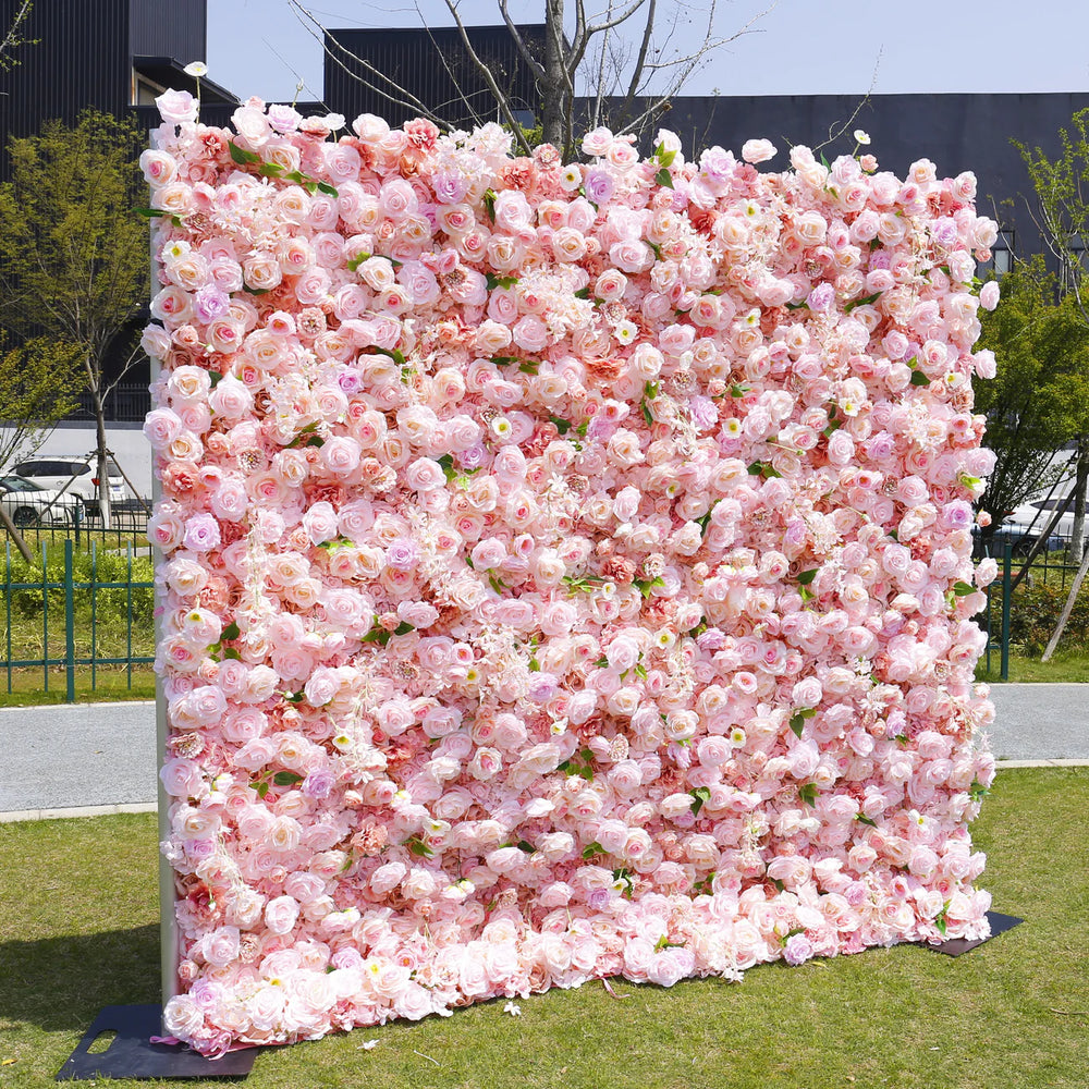 8ft*8ft Pink Rose Fabric Artificial Rolling Up Curtain Flower Wall Backdrop