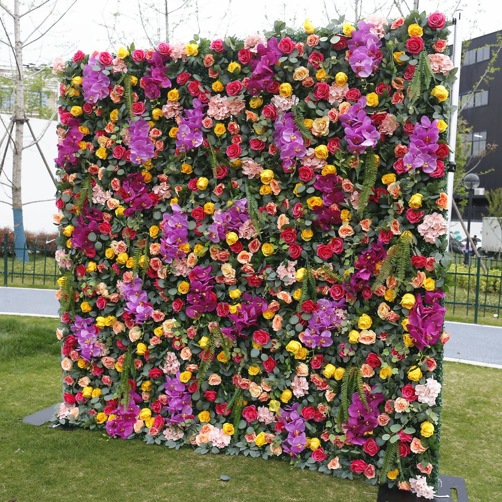 Atlasflowerswall 5D Premium Mixed Flower Wall Backdrop – Purple Orchids, Red & Yellow Roses