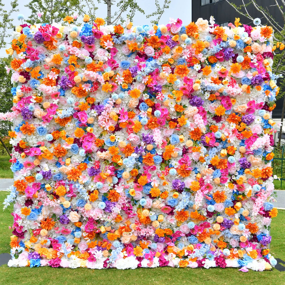 5D Rainbow Color Artificial Flower Wall Backdrop with Mixed Flowers Party & Photo Booth Decor