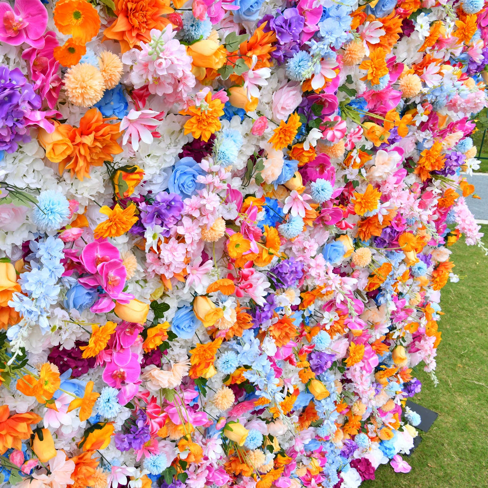 5D Rainbow Color Artificial Flower Wall Backdrop with Mixed Flowers Party & Photo Booth Decor