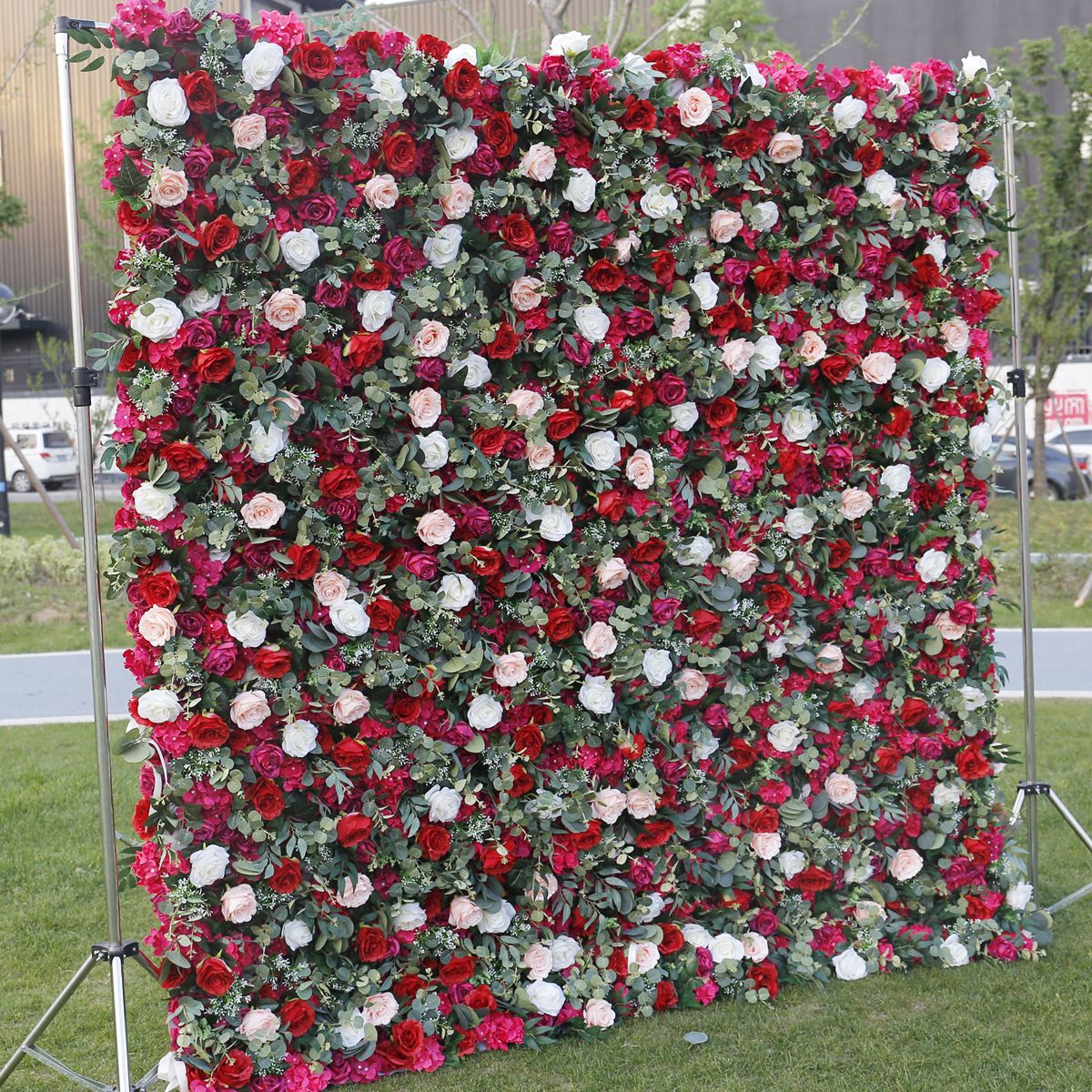 5D Red & White Rose Artificial Flower Wall Backdrop for Wedding & Event Decor