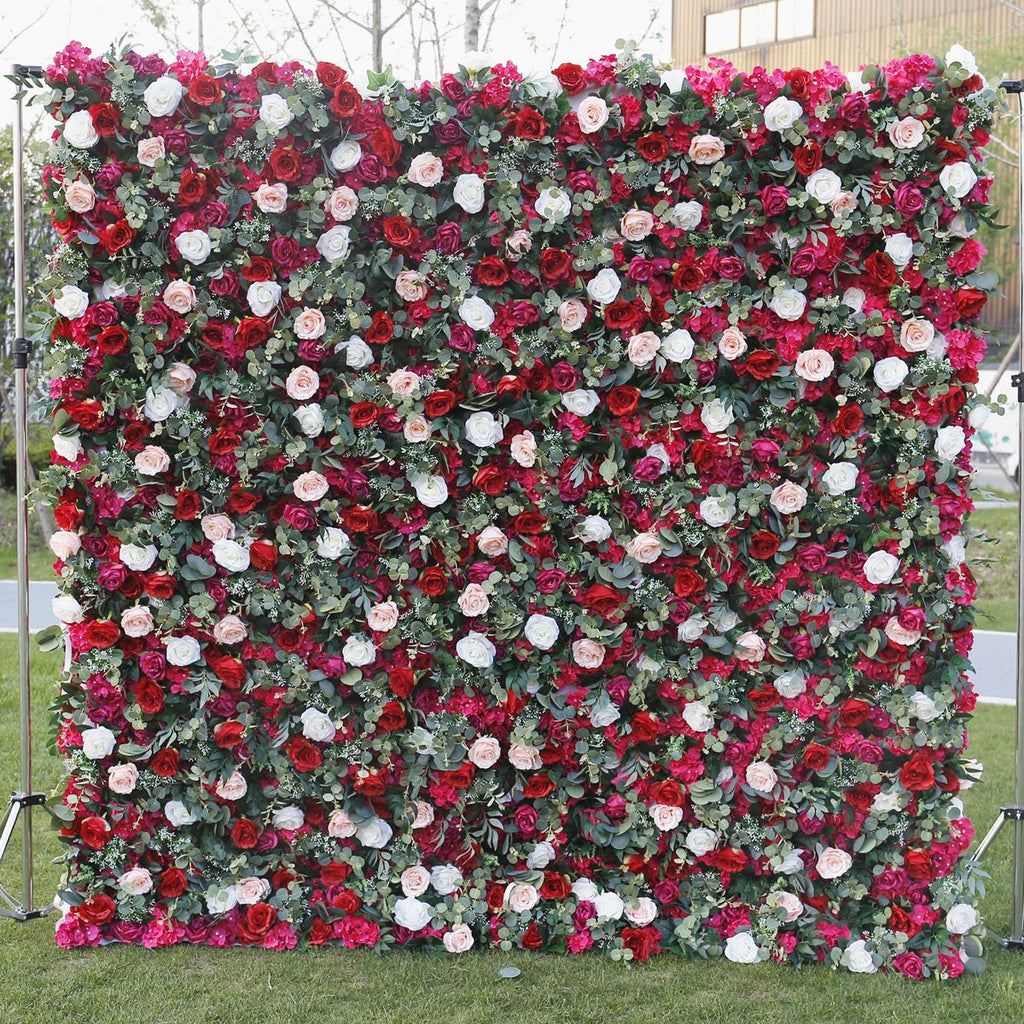 5D Red & White Rose Artificial Flower Wall Backdrop for Wedding & Event Decor