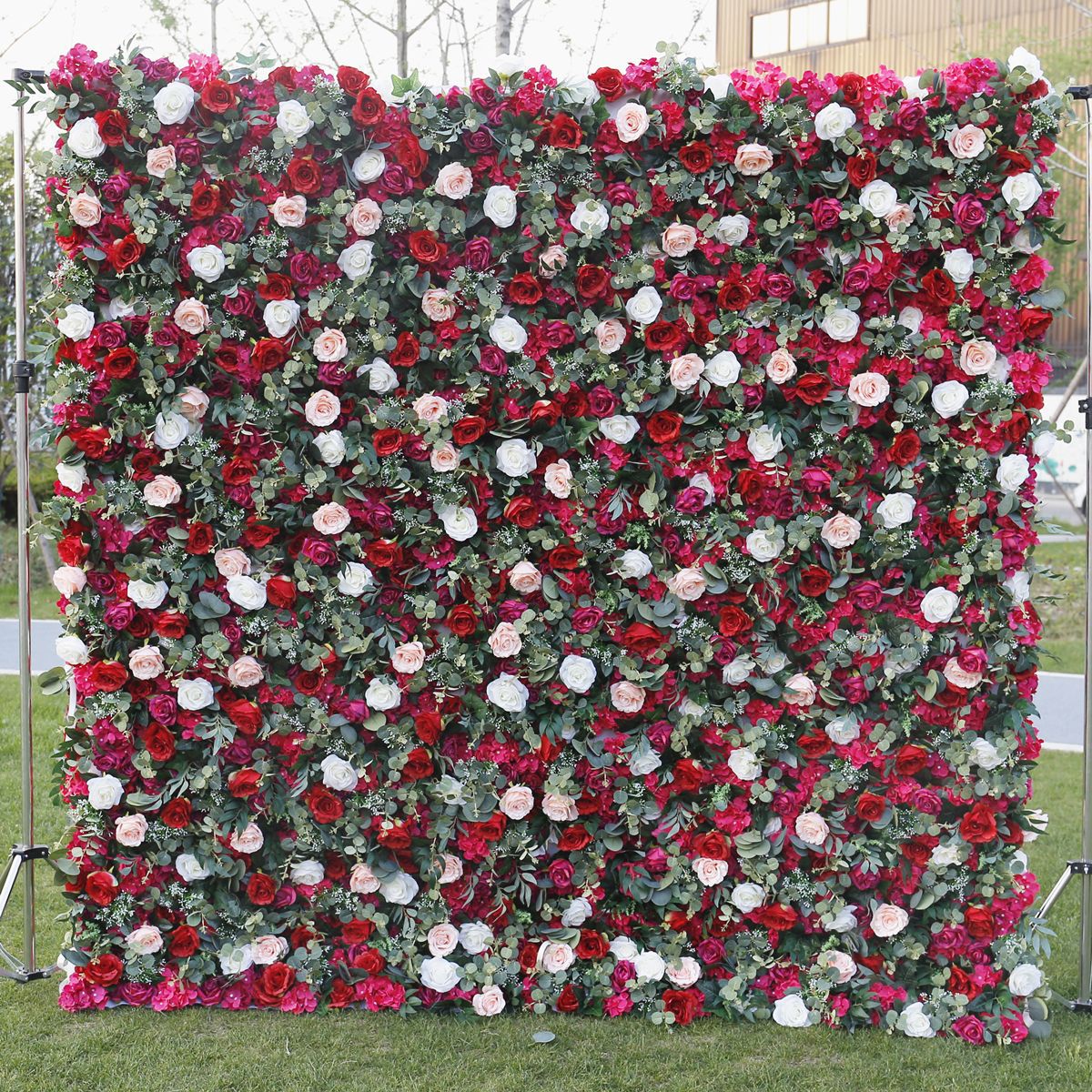 5D Red & White Rose Artificial Flower Wall Backdrop for Wedding & Event Decor