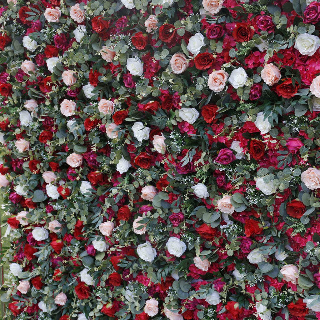 5D Red & White Rose Artificial Flower Wall Backdrop for Wedding & Event Decor