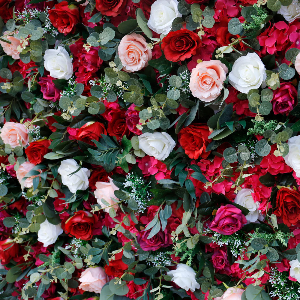 5D Red & White Rose Artificial Flower Wall Backdrop for Wedding & Event Decor