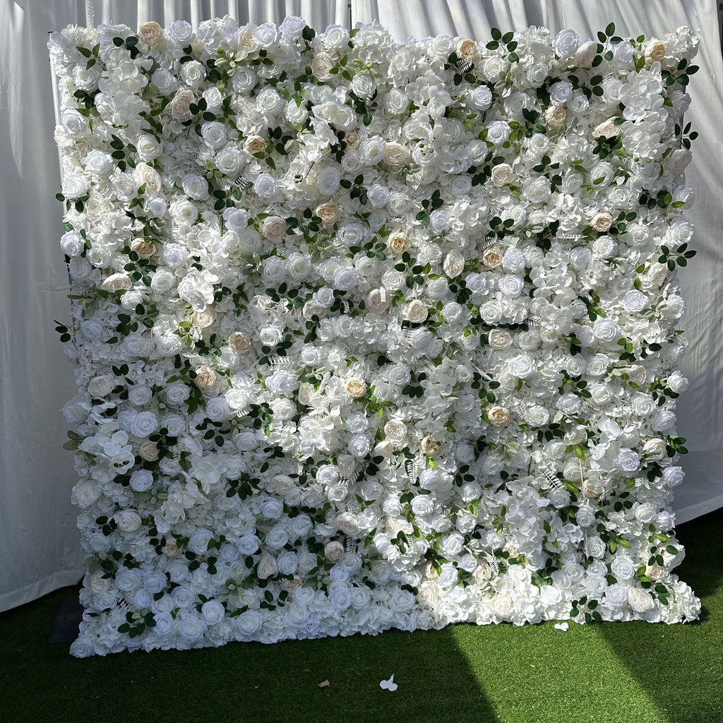 Atlasflowerswall 5D White & Champagne Rose Artificial Flower Wall Wedding Backdrop
