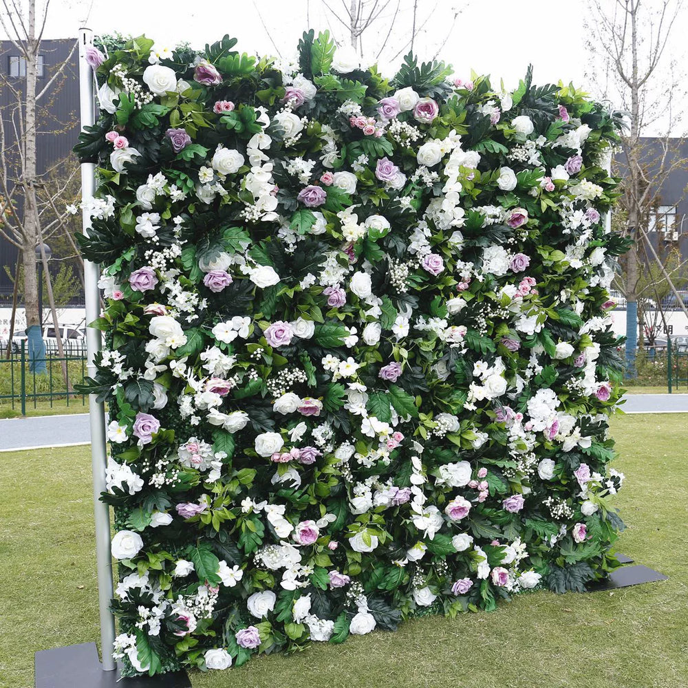 Atlasflowerswall 5D White Rose & Green Leaf Artificial Flower Wall – Birthday Party Backdrop Decor