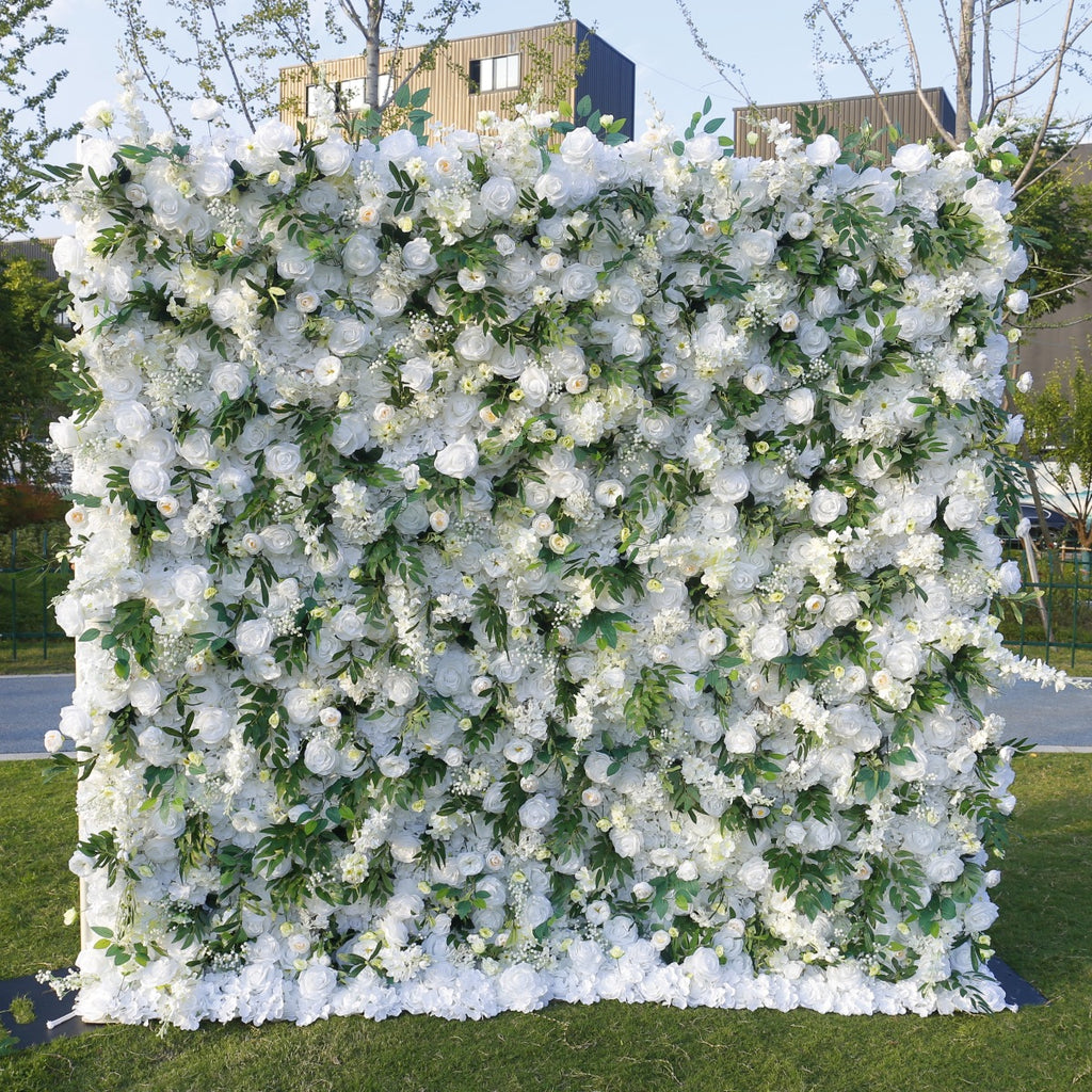 5D White Rose Green Leaf Flower Wall Backdrop for Event & Party Decoration